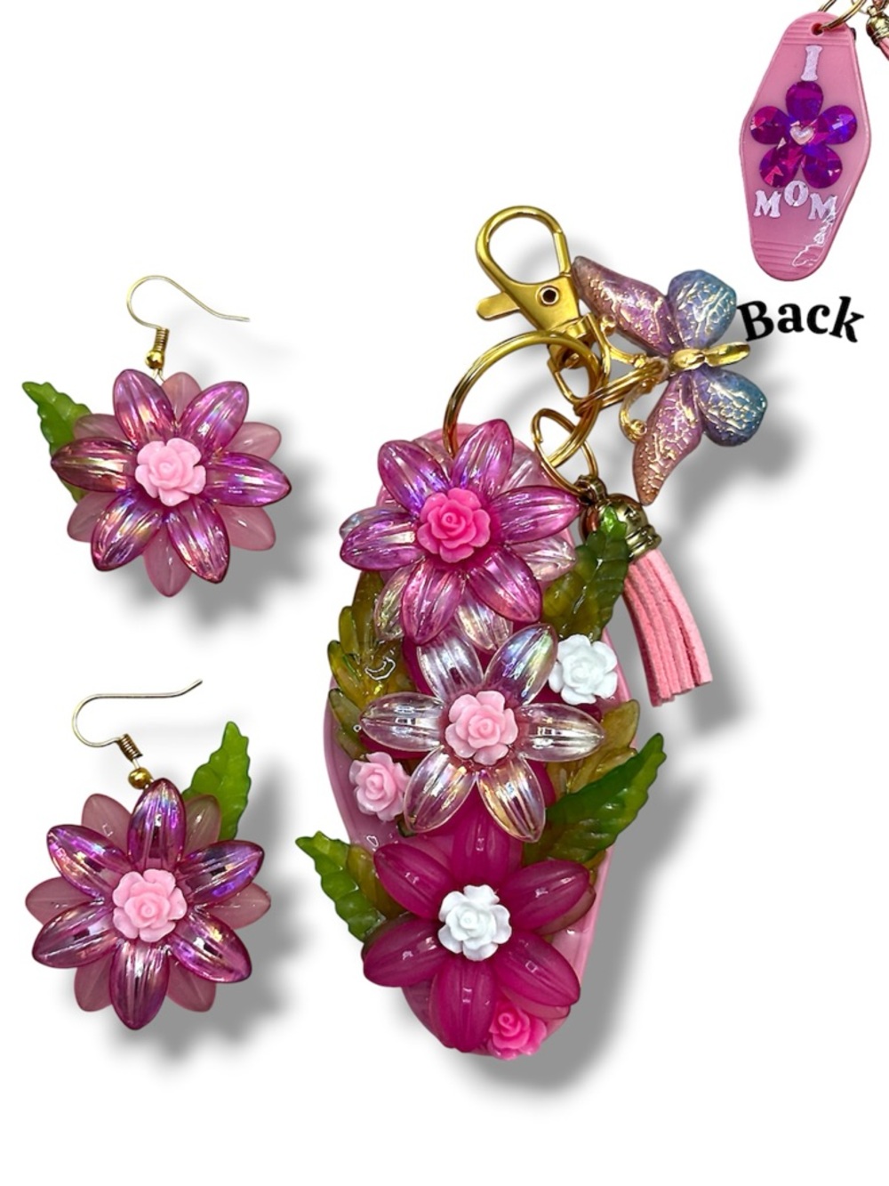 Pink Keychain & Matching Earrings Pink Set, Resin, Hotel Keychain, Mother's Day